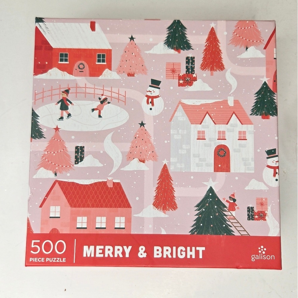 Merry & Bright Christmas 500‎ Piece Puzzle Pink Ice Skating Snowman Winter